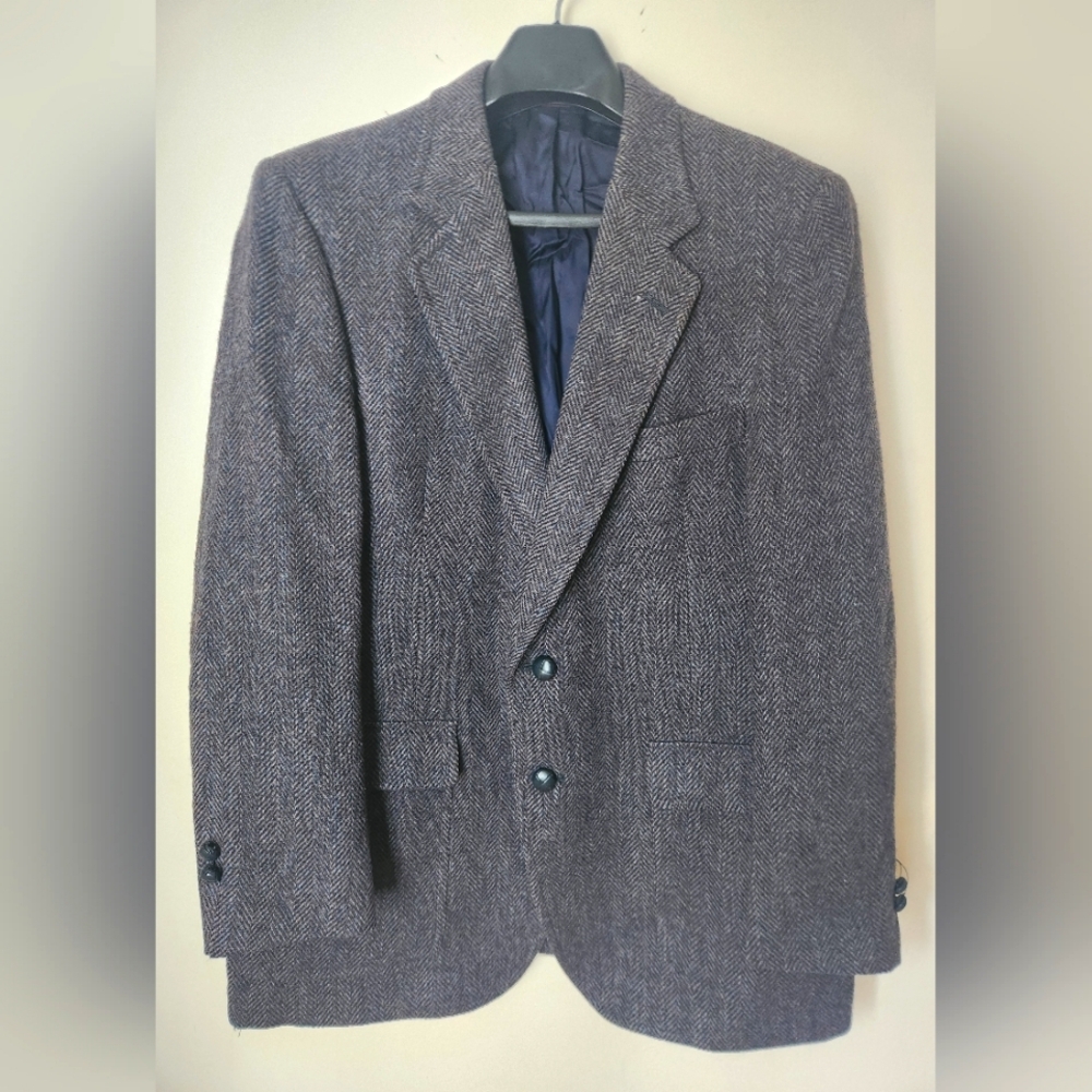 VTG Hart Schaffner & Marx Pure Virgin Wool Blazer Suit Coat Grey Herringbone EUC